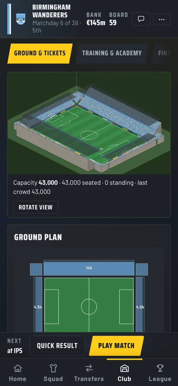 The Ground and tickets screen: the stadium drawn from above, with its capacity and last crowd.