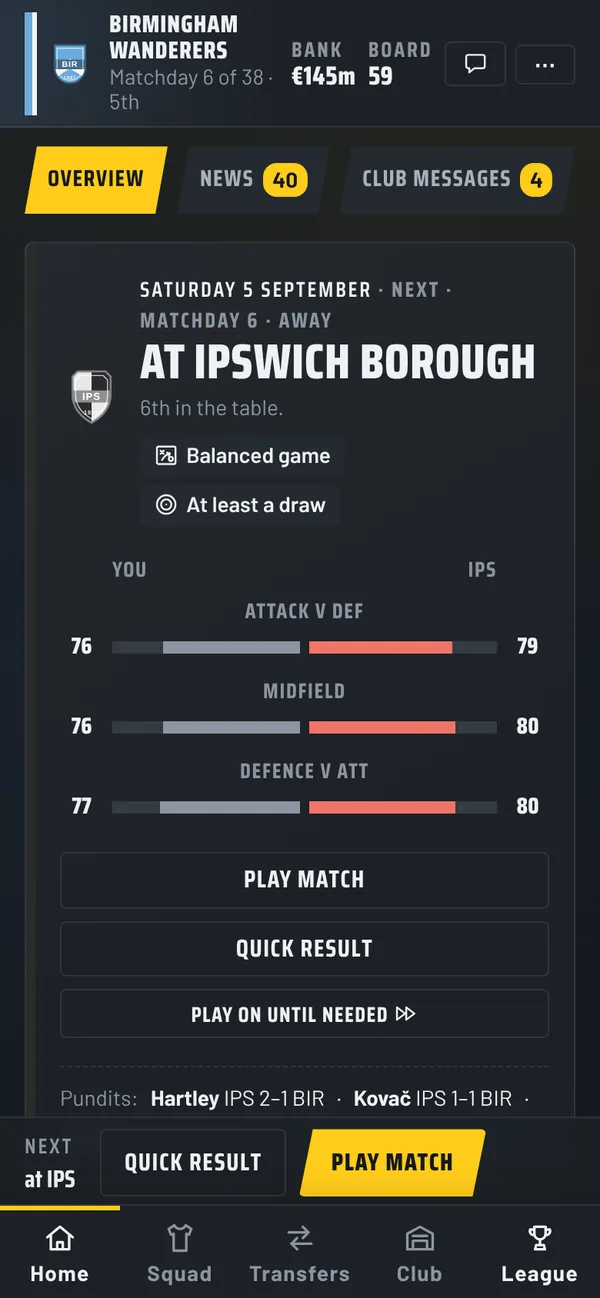 The Home screen: the next match, away at Ipswich Borough, with both sides compared in attack, midfield and defence.